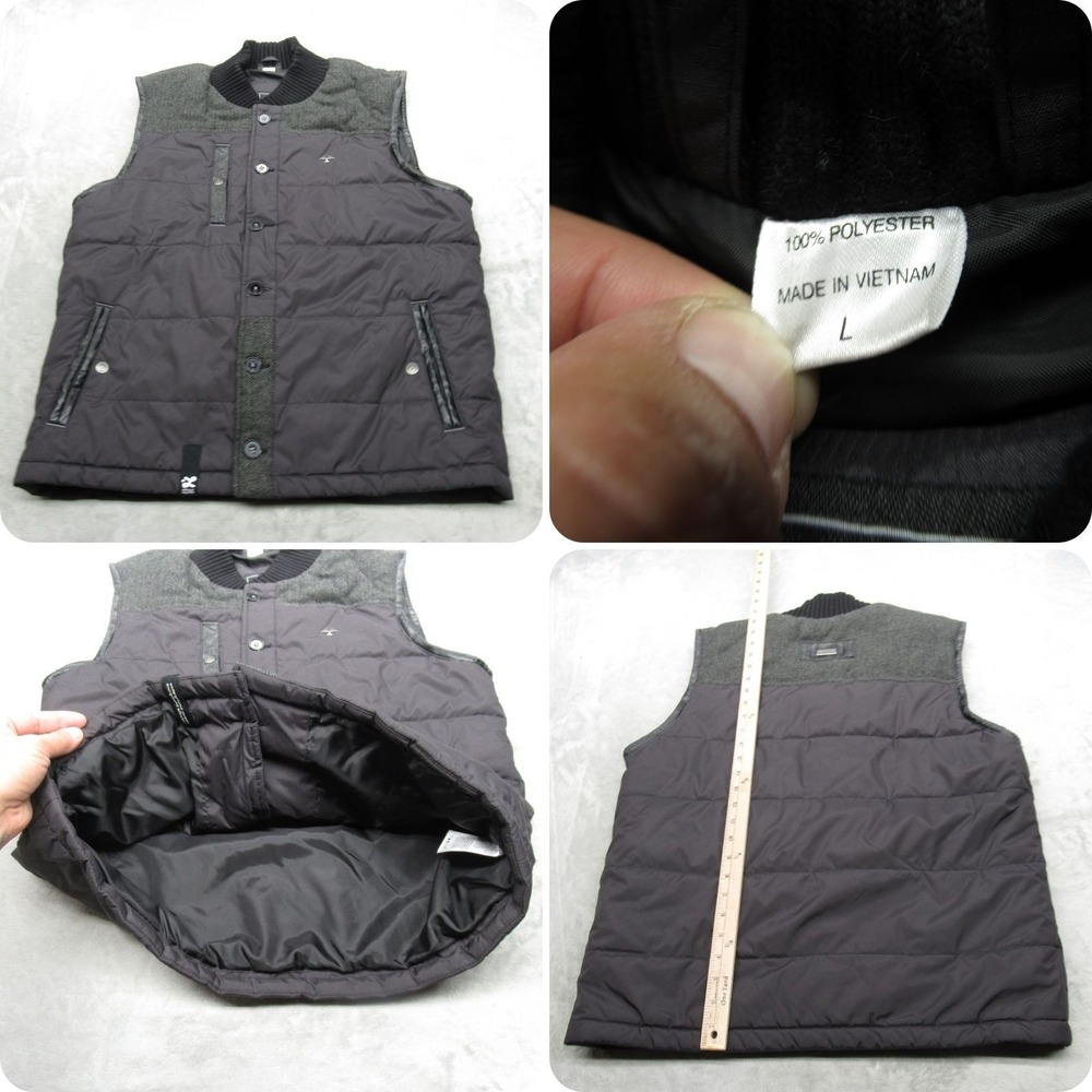 LRG Vest Mens Large Black Herringbone Pockets Insulated Quilted Button Front